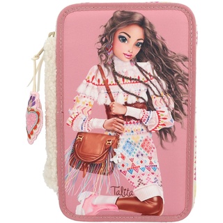 DEPESCHE 12583 TOPModel Cosy - Gefüllte 3-Fach Federtasche, Model Motiv mit Teddy-Kunstfell, Federmäppchen mit Buntstiften, Lineal, Schere uvm.