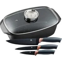 KING Bräter 5 Liter, Aluminiumguss (Set, 5-tlg., 3 Küchenmesser im Geschenketui), Aromaknopf, Induktion, mit Glasdeckel, Antihaft-Keramikbeschichtung schwarz