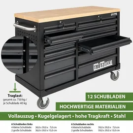 Trutzholm Werkstattwagen DELUXE 12 Schubladen 123 cm Breite unbestückt mit massiver Arbeitsplatte Anthrazit