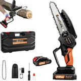 21V Akku Kettensäge mit Akkus, 2 Kette, 6 Zoll Orange Kettensäge Elektrisch Handsäge Einhand Handkettensäge mit Sicherheitsschloss für Gartenarbeit Baumbeschneidung Holzschneiden