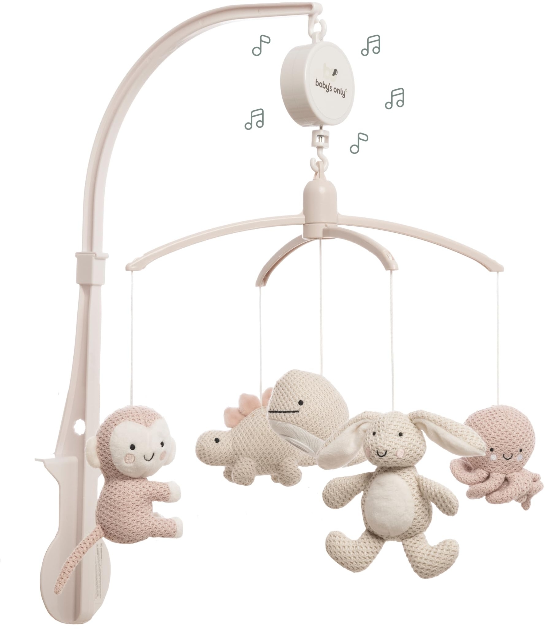 Baby's Only - Musik Mobile Baby Animals - Mit gestrickten Figuren - Baby Spieluhr mit Musik - Einfach anzubringen - Mobile Baby mit Musik - Sanfte Farben - Für Mädchen - Alt Rosa/Warm Linen