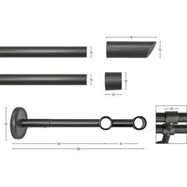 GARESA Gardinenstange GARESA "ZYLI", grau (graphit), L:190cm Ø:16mm, Holzwerkstoff, Metall, Gardinenstangen, Vorhanggarnitur, verlängerbar, Knopf abgeschrägt, ohne Ringe