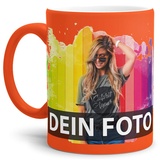 Tasse selbst individuell gestalten/Personalisierbar mit eigenem Foto Bedrucken/Fototasse/Motivtasse/Werbetasse/Firmentasse mit Logo/Außen Neonorange Matt