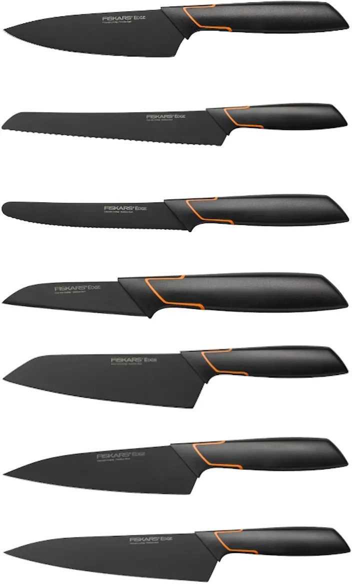 Fiskars Edge Messer Set 7 teilig | 7 verschiedene Küchenmesser Kochmesser Schälmesser Brotmesser