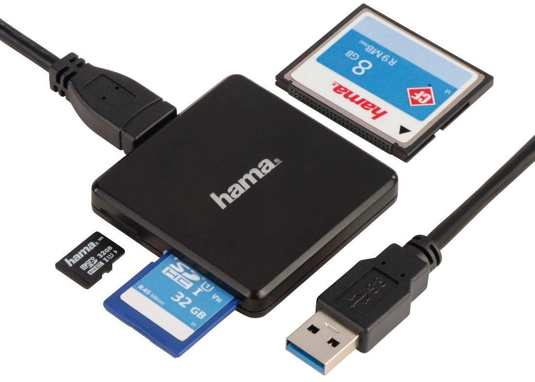 Hama Kartenleser USB 3.0 (Kartenlesegerät für SD | SDHC | SDXC | microSD | microSDHC | microSDXC | CF Speicherkarte, Card Reader mit USB Kabel für Windows PC|Mac|Notebook|Laptop|TV) schwarz