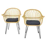 Rattan-Armlehnstuhl m Sitzkissen 2er-Set, Naturfarben Rattenstuhl Geflechtstuhl