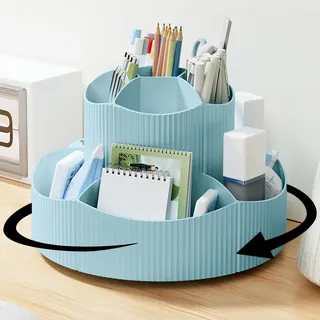 SAMSYOKI Drehbarer Stiftehalter, 360°Drehbar Schreibtisch Organizer Rotation Stifthalter mit 11 Fächer Große Kapazität Stiftköcher Aufbewahrungsbox für Stifte Bürobedarf Schulbedarf Kosmetik (Blau)