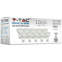 V-Tac 10 x LED GU10 Lampe 5 Watt | Abstrahlwinkel 38°|Ø50mm|Neutralweiß|380 Lumen