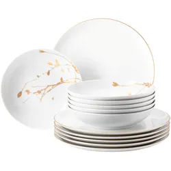 Tafelservice SELTMANN WEIDEN "Geschirr-Set, 12 Teile, Liberty Golden Rose Hip", gold (weiß, goldfarben), 12 tlg., Porzellan, Geschirr-Sets, Geschirr, Teller Set, gold, Made in Germany, 12 Teile, für 6 Personen