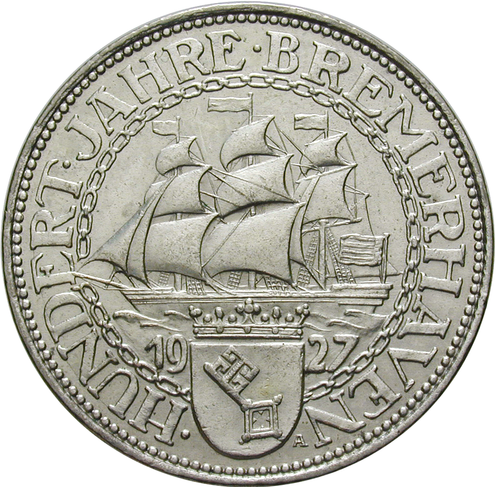 Weimarer Republik 5 Reichsmark 1927 "100 Jahre Bremerhaven"