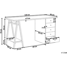 Beliani Schreibtisch heller Holzfarbton/weiss Spannplattel 140x60 cm 5 Schubladen Büro Kinderzimmer Schule