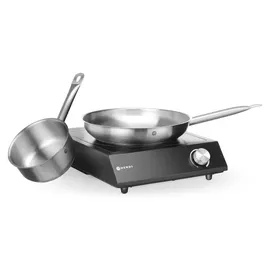 HENDI Set: Induktionskocher 3500W + Stielkasserolle + Bratpfanne, Schwarz, 220-240V/3500W, 320x395x(H)95mm -