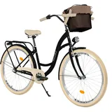 MILORD Damenfahrrad Citybike Komfort Mit Metallkorb Hollandrad Vintage Fahrrad, 26, 28 Zoll, 3-Gang (Schwarz-Creme, 26 Zoll)