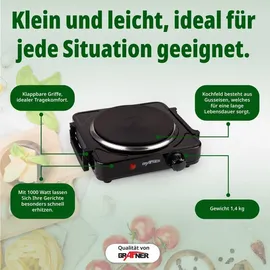 Grafner Kochplatte mit klappbaren Griffen, 1000 Watt, 1 Massekochfeld mit 1x Ø 155 mm, stufenlose Temperatureinstellung, Farbe nach Wun...