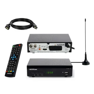 Sky Vision Vantage VT-92 DVBT2 Receiver Bundle mit passiver DVBT2 Antenne, DVB-T2 Receiver mit Full HD-Auslösung und Installationsassistent, Digital Receiver mit HDMI und Scart-Anschluss, Inkl. 2m HDMI Kabel