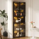 BTM Schwarz Glasvitrine Stehend mit Tür, Eckvitrine Wohnzimmer, 160cm LED Vitrine Schmal Sammlervitrine Eckschrank