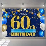 60. Geburtstag Deko für Männer/Damen, 60 Geburtstag Stoff Schild Plakat 60. Jubiläumsparty Hintergrund Banner Geburtstagsdeko Blau und Gold, 1,5m
