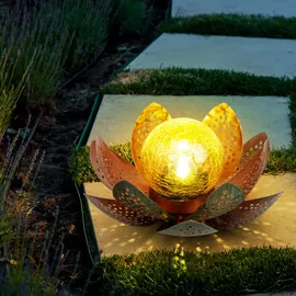 GLOBO Garten Außenlampen Solarleuchte dekorative LED Solarleuchte im Lotusblüten Design, Glaskugel goldfarben, LED, 22cm, Terrasse, 2er Set