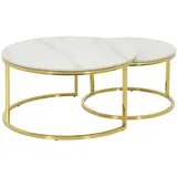 Hela Tische, 2er Set Couchtisch Wohnzimmertisch Joel, Rund, Sofatisch, Echtstein in Marmoroptik Glanz weiß Metallgestell Gold, Ø 80+Ø 60cm