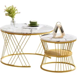 Merax Moderne Nesting Couchtisch, Hochglanz Couchtisch Satz, Marmor Furnier, Goldene Farbe Frame, Weiß