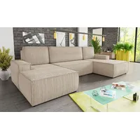 Wohnlandschaft mit Schlaffunktion Totti - U-Form Couch, Schlafsofa mit Bettkasten, Couchgranitur mit Bettfunktion, Big Sofa, Cord Stoff, Wohnzimmer... - Beige