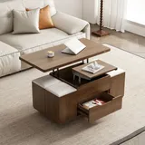 Couchtisch Höhenverstellbar Multifunktional, 4 Hocker Versteckt, Stauraum Integriert, Rollen Verriegelbar, Farbe Nussbaum, Für Kleine Räume