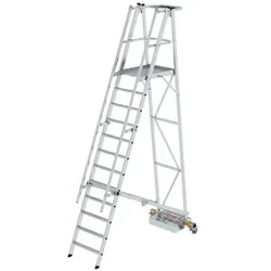 Podestleiter 12 Stufen, fahrbar, Aluminium/Aluminium