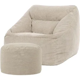 I.C.O.N. Icon Sitzsack Sessel mit Hocker für Erwachsene, Beige, Flauschiger Cord Stoff, Riesen Sitzsack Cord mit Füllung, Bean Bag Chair, Bequemer Sessel Wohnzimmer, Lounge, Schlafzimmer, Büro