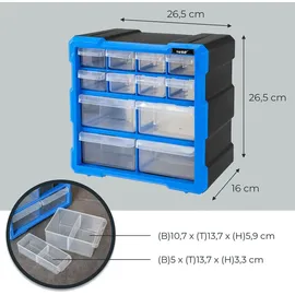 HMF Sortimentskasten Kunststoff 26,5 x 26,5 x 16 cm Blau/Schwarz mit 12 Schubladen