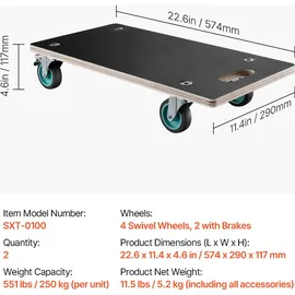 Vevor Rollbrett, 250 kg Tragkraft, Möbeltransportwagen mit 4 geräuscharmen TPR-Rädern, rechteckiger Transportroller für Klavier, Möbel, Couch, Waschmaschine, Kühlschrank, 2er-Set, schwarz