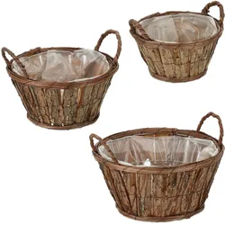 Relaxdays Blumentopf 3er Set, mit Rinde, für Blumen & Kräuter, Pflanzenkorb mit Folie, 3 Größen, Holz Pflanzgefäß, natur