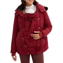 Damen Umstands-Jacke mit Gürtel Winter-Jacke mit abnehmbarem Fellrand Kapuzen-Jacke Schwangerschaftsmode 914373 Rot - 54