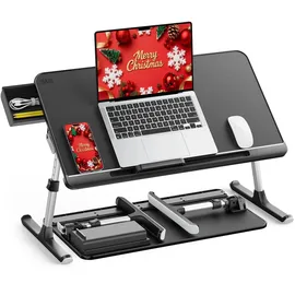 SAIJI Laptoptisch Betttisch, 100% E0 Eco Holzplatte Verstellbarer Betttisch, mit Schublade, klappbare Beine, 40kg Belastung, Tischplatte aus PVC-Leder Lesen,Essen für Bett und Sofa