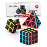 Roxenda Zauberwürfel Set, Original Speed Cube Set mit 2x2 3x3 Pyramide Speedcube, Einfaches Drehen & Flüssiges Spielen, Aufkleber Version (Kohlefaser)