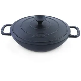 RAMROXX 28cm Wok Pfanne Gusseisen Antihaftbeschichtet mit Deckel Massiv 4,7kg
