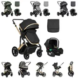 KIKKABOO Kinderwagen Darling 3 in 1 Sportsitz Tragetasche Autositz Wickeltasche black