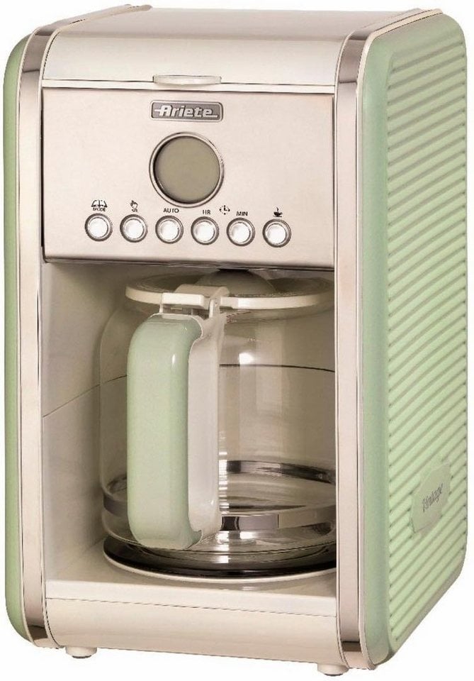 Ariete Filterkaffeemaschine Vintage grün 1342, 1,5l Kaffeekanne, Permanentfilter, Startzeit Kaffeezubereitung programmierbar grün|silberfarben|weiß