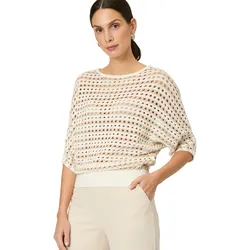 Strickpullover ZERO "zero Streifen-Pullover mit Lochmuster", Damen, Gr. 40, creambeige, Strick, Obermaterial: 50% Baumwolle (Organic), 50% Polyacryl. Ärmelfutter: ohne Futter., durchscheinend, casual, figurumspielend normal, Rundhals, 3/4-Ärmel weit, Pullover, Lochmuster