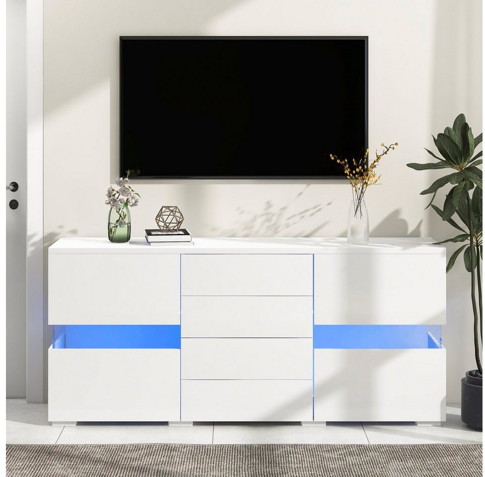 HAUSS SPLOE Sideboard TV-Schrank Kommode Schubladenkommode LED Sideboard Highboard (mit 16 Farben LED-Leuchten Weiß 140*35*72 cm) weiß