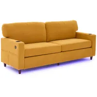 Zweisitzer Sofa 50x180 Chenille Samtoptik mit LED-Beleuchtung USB-C Anschluss Getränkehalter Seitentaschen Ergonomische Polsterung – Senfgelb