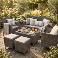 garmio GARMIO® ASTI Rattan Sitzgruppe 6-teilig Polyrattan Gartenmöbel Set mit 2 Sesseln, 2 Hockern, Bank + Hartglas-Tisch wetterfest & wasserabweisende Kissen