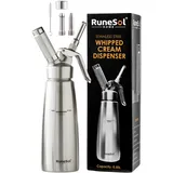 Runesol Sahnespender Edelstahl 500ml, Auslaufsicherer Einfach Reinigen Sahnesyphon, Professionelle Sahnesprüher für Desserts, Schlagsahne mit 3 Deko-Düsen, Schlagsahnebereiter, Whip Cream Dispenser