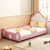 Flieks Kinderbett Polsterbett 90x200cm mit Kronenförmigem Kopfteil, Einzelbett Holzbett Sofabett mit Lattenrost, Bodenbett Schlafsofa, PU, Rosa - Rosa