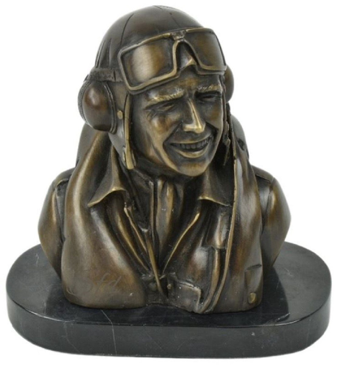 Casa Padrino Luxus Deko Bronze Büste mit Marmorsockel Pilot Bronze / Schwarz 19 x 11 x H. 19 cm - Bronze Skulptur Pilot - Bronze Figur Pilot - Dekofigur Pilot - Schreibtisch Deko Accessoires