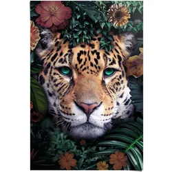 Poster REINDERS "Leopard Blumen - Pflanzen - Farbenfroh - Tiermotiv", bunt (farbe bild(er): mehrfarbig), B:61cm H:91,5cm, Papier, Bilder