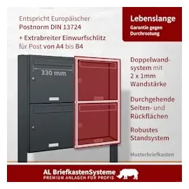 AL Briefkastensysteme 8 Fächer Premium Stand Briefkasten Anlage in RAL 7016 Anthrazit Grau Post A4, robust, wetterfest, Artikelnummer: 331P8S2P7016