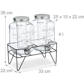 Relaxdays Getränkespender mit Ständer, 2 Limobehälter je 4L, Zapfhahn aus Edelstahl, Glas Wasserspender, transparent