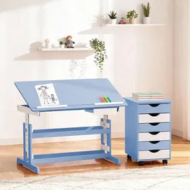 Tectake tectake® Schreibtisch, und Rollcontainer mit 6 Schubladen, Tischplatte neigbar und 7-fach höhenverstellbar, 63 bis 94 cm, pflegeleicht blau | Gr.: onesize