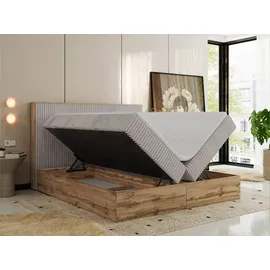 MKS Meble Boxspringbett WOOD CLASSIC, Komplett Set mit Multipocket-Matratze und Topper T25, Doppelbett für Schlafzimmer, hohe Kopfteil - 180 x 200... - Hellgrau