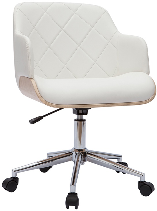 Chaise de bureau à roulettes design blanc, bois clair et acier chromé SANDRO